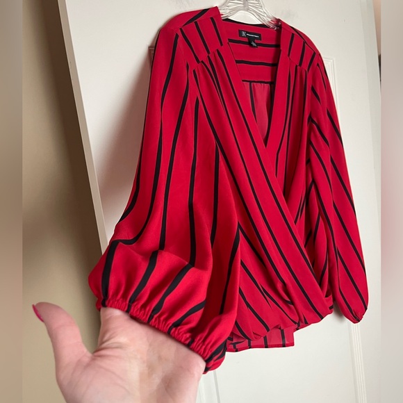 INC Designer Red & Black Striped Wrap Blouse Women’s Size Large - Picture 5 of 16
